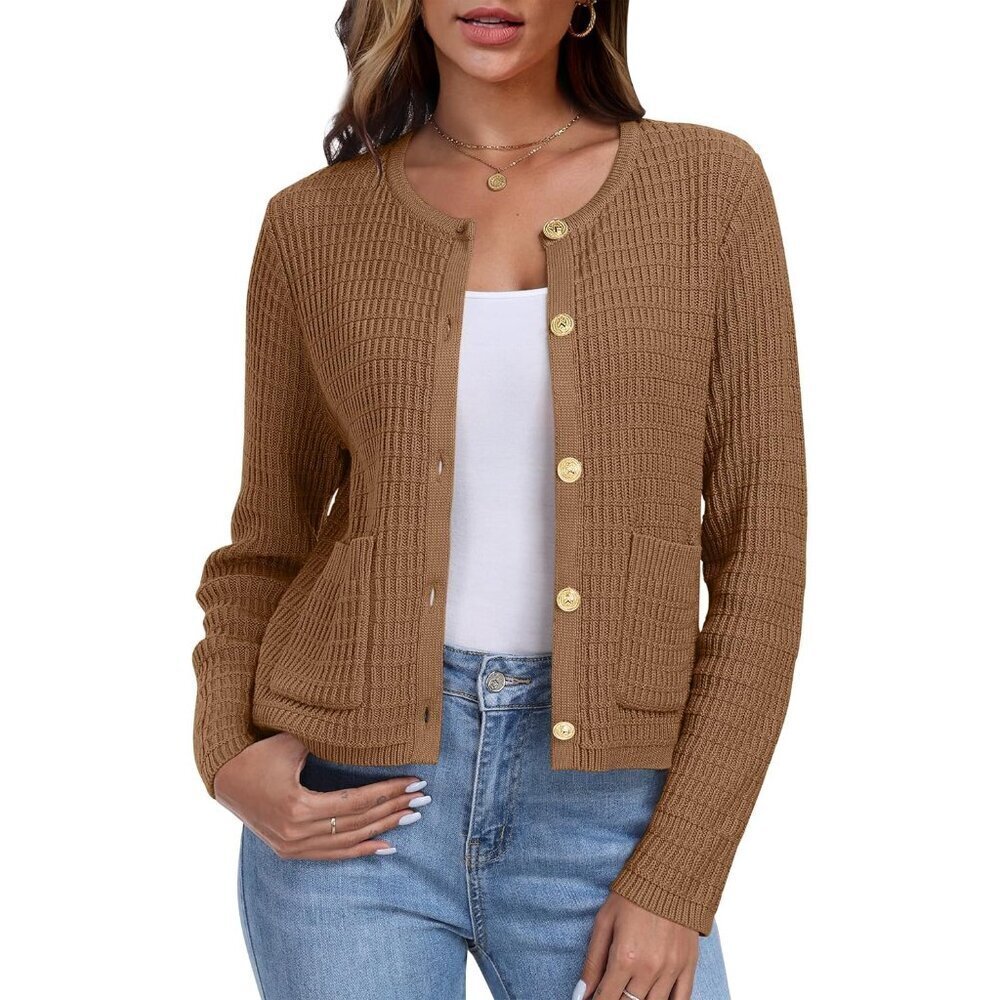 Women Knit Cardigan Sweater Long Sleeve Crew Neck Button Down Casual Office